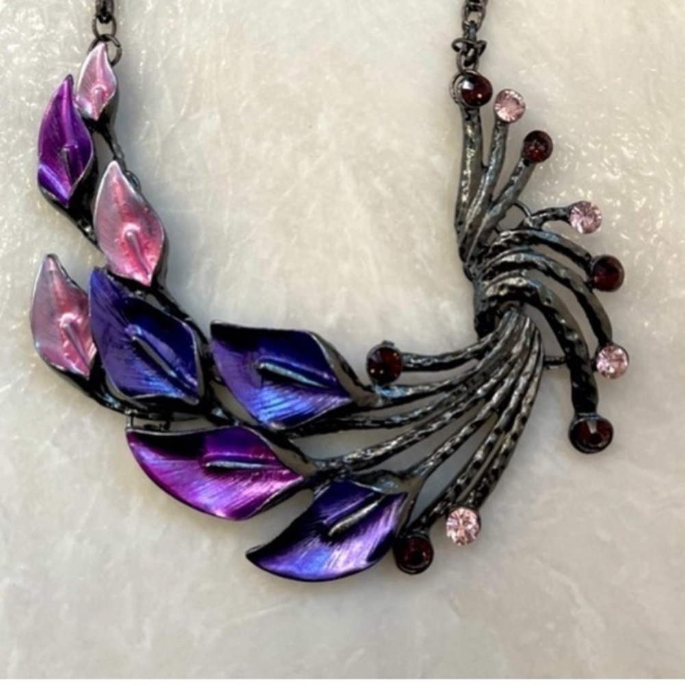 Calla Lily Rhinestone Pink Purple Statement Necklace